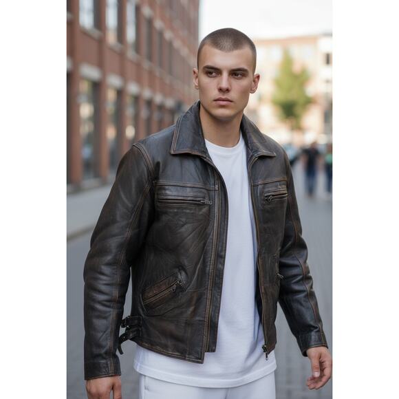 Vintage Brown Leather Racing Jacket—Distressed Moto Heritage (80s–90s Era) Sz. M - Picture 5 of 16